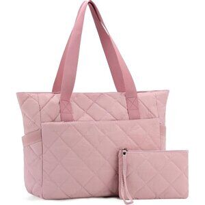 Pink Water Resistant Polyester Quilted Tote Bag for Women, Large Capacity, Puffe